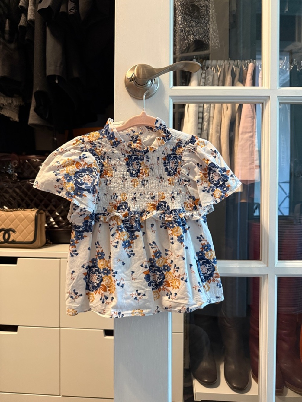 Janie and Jack White Floral Smocked Short-Sleeve Top with Blue & Mustard Print